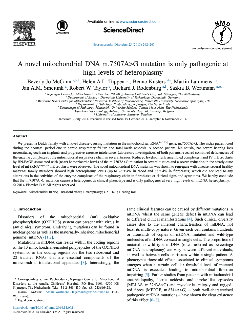 A novel mitochondrial DNA m.7507A>G mutation is only pathogenic at high levels of heteroplasmy