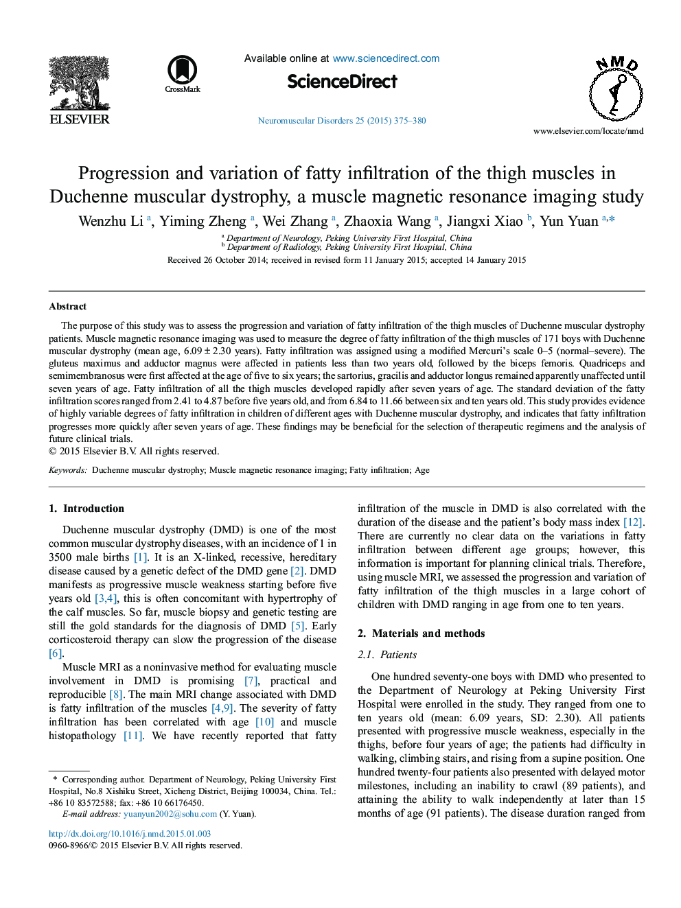 Progression and variation of fatty infiltration of the thigh muscles in Duchenne muscular dystrophy, a muscle magnetic resonance imaging study