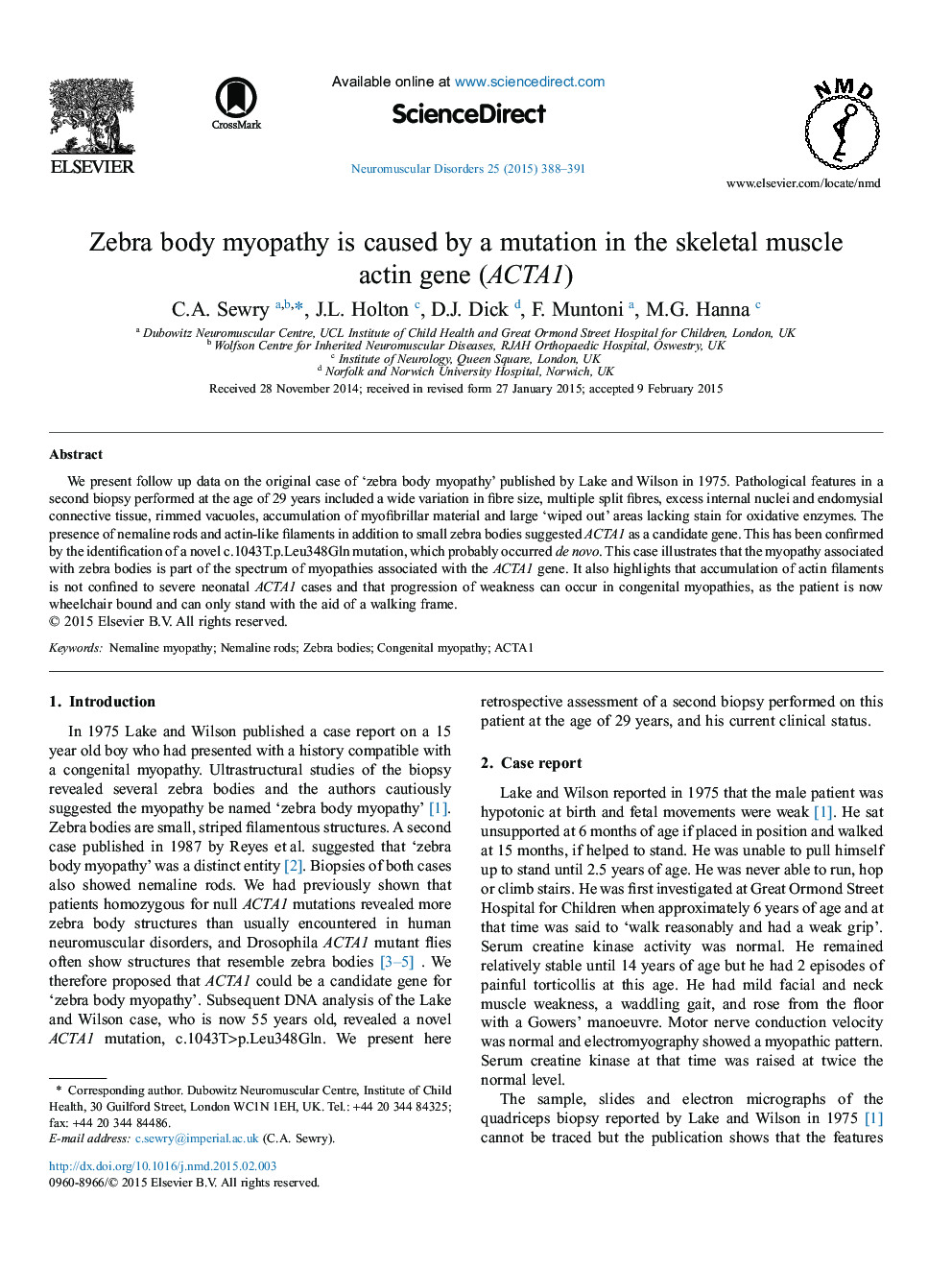 Zebra body myopathy is caused by a mutation in the skeletal muscle actin gene (ACTA1)