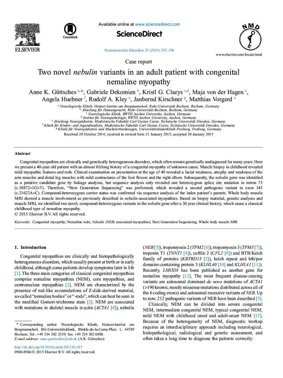 Two novel nebulin variants in an adult patient with congenital nemaline myopathy