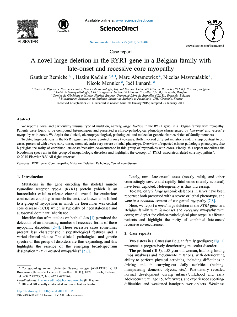 A novel large deletion in the RYR1 gene in a Belgian family with late-onset and recessive core myopathy