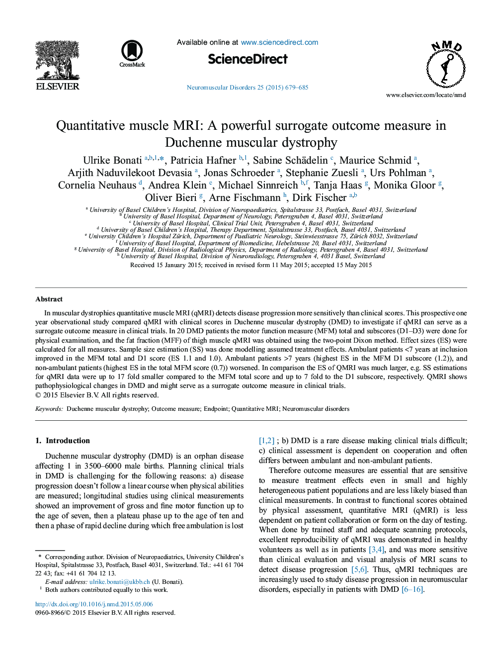 Quantitative muscle MRI: A powerful surrogate outcome measure in Duchenne muscular dystrophy