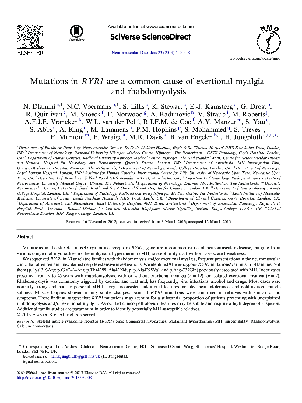 Mutations in RYR1 are a common cause of exertional myalgia and rhabdomyolysis