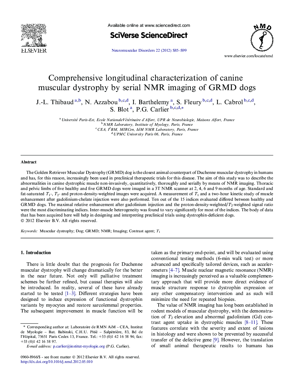 عکس صفحه اول مقاله: Comprehensive longitudinal characterization of canine muscular dystrophy by serial NMR imaging of GRMD dogs Comprehensive longitudinal characterization of canine muscular dystrophy by serial NMR imaging of GRMD dogs