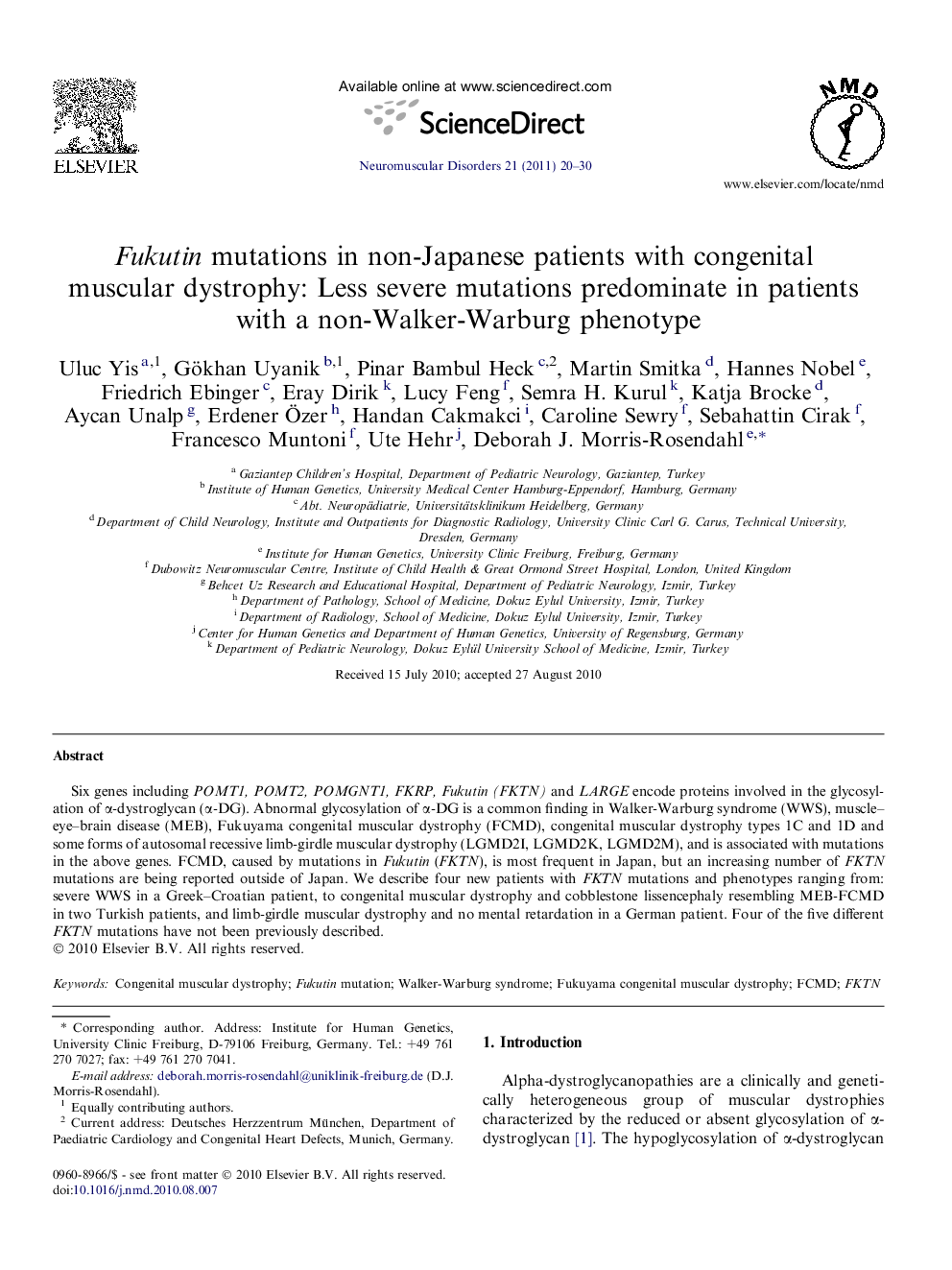 Fukutin mutations in non-Japanese patients with congenital muscular dystrophy: Less severe mutations predominate in patients with a non-Walker-Warburg phenotype