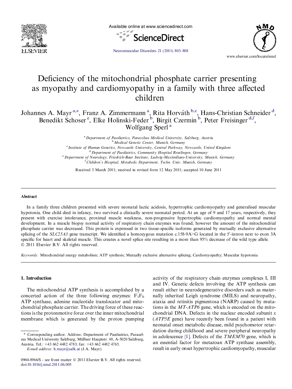 Deficiency of the mitochondrial phosphate carrier presenting as myopathy and cardiomyopathy in a family with three affected children