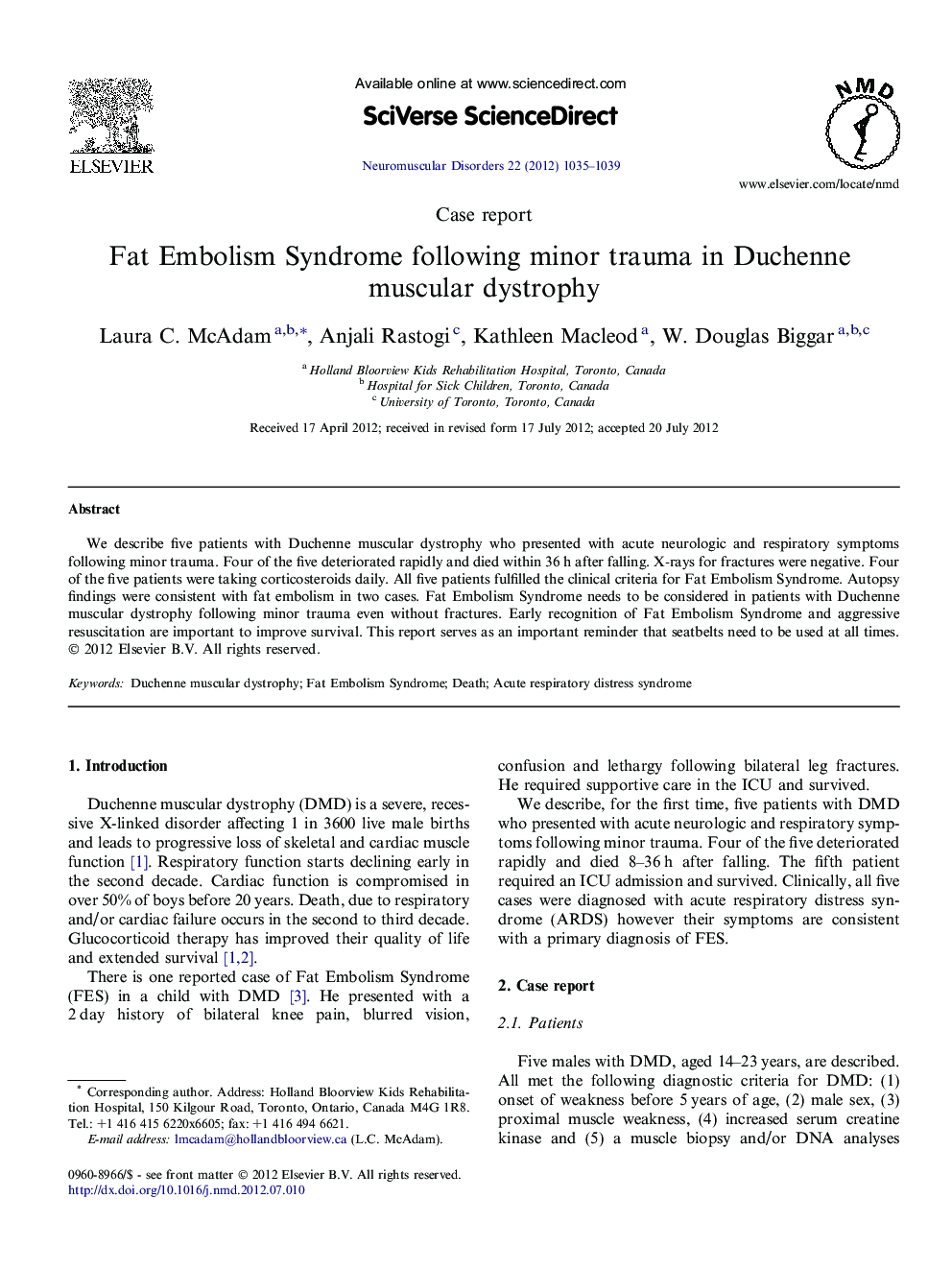 Fat Embolism Syndrome following minor trauma in Duchenne muscular dystrophy