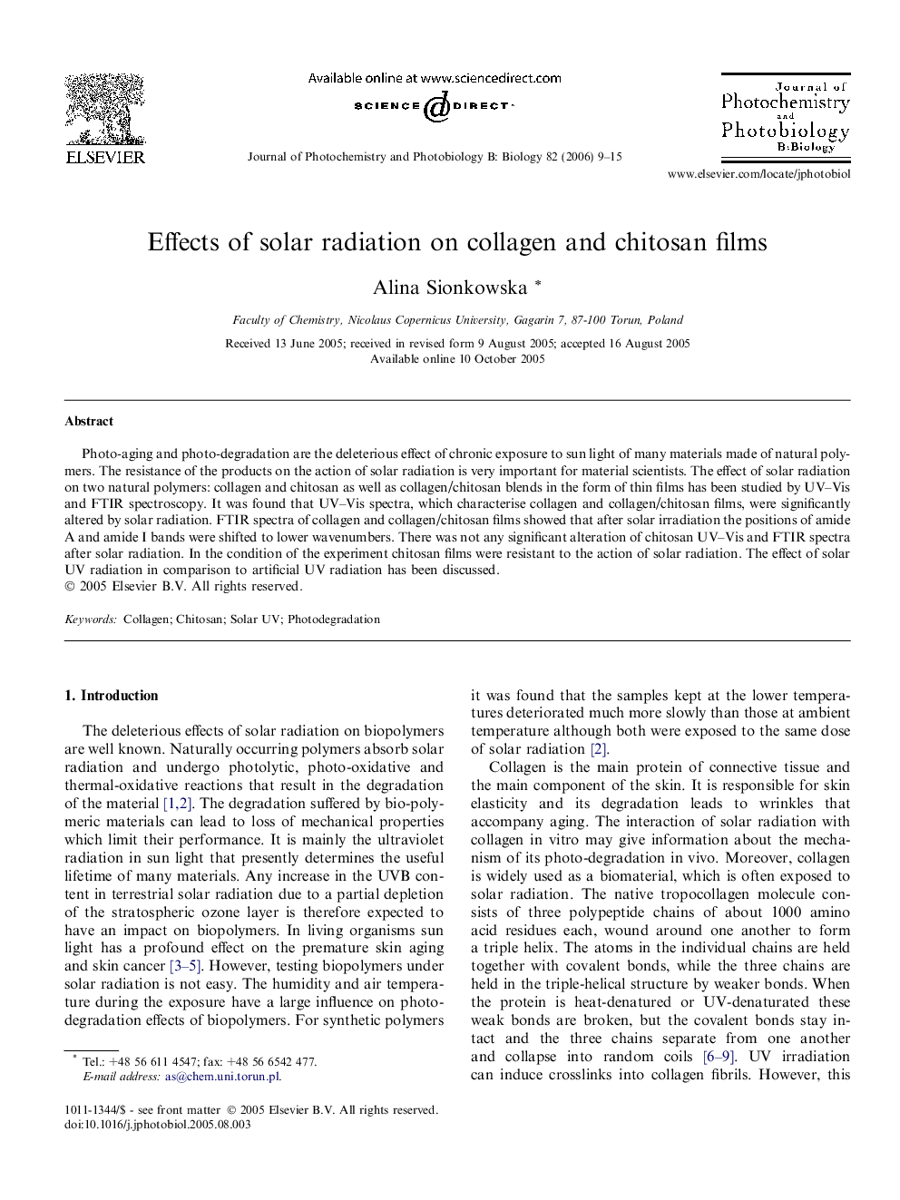 Effects of solar radiation on collagen and chitosan films
