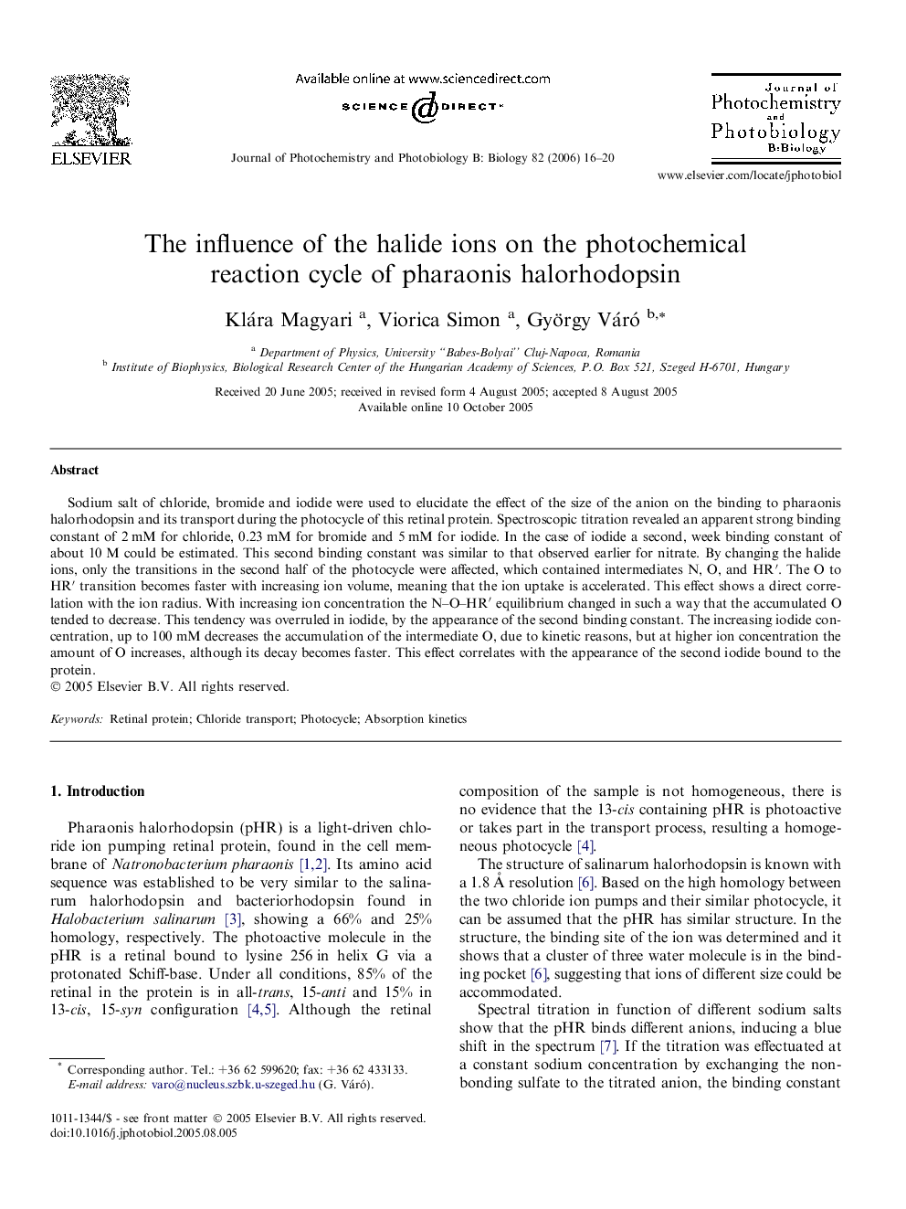 The influence of the halide ions on the photochemical reaction cycle of pharaonis halorhodopsin