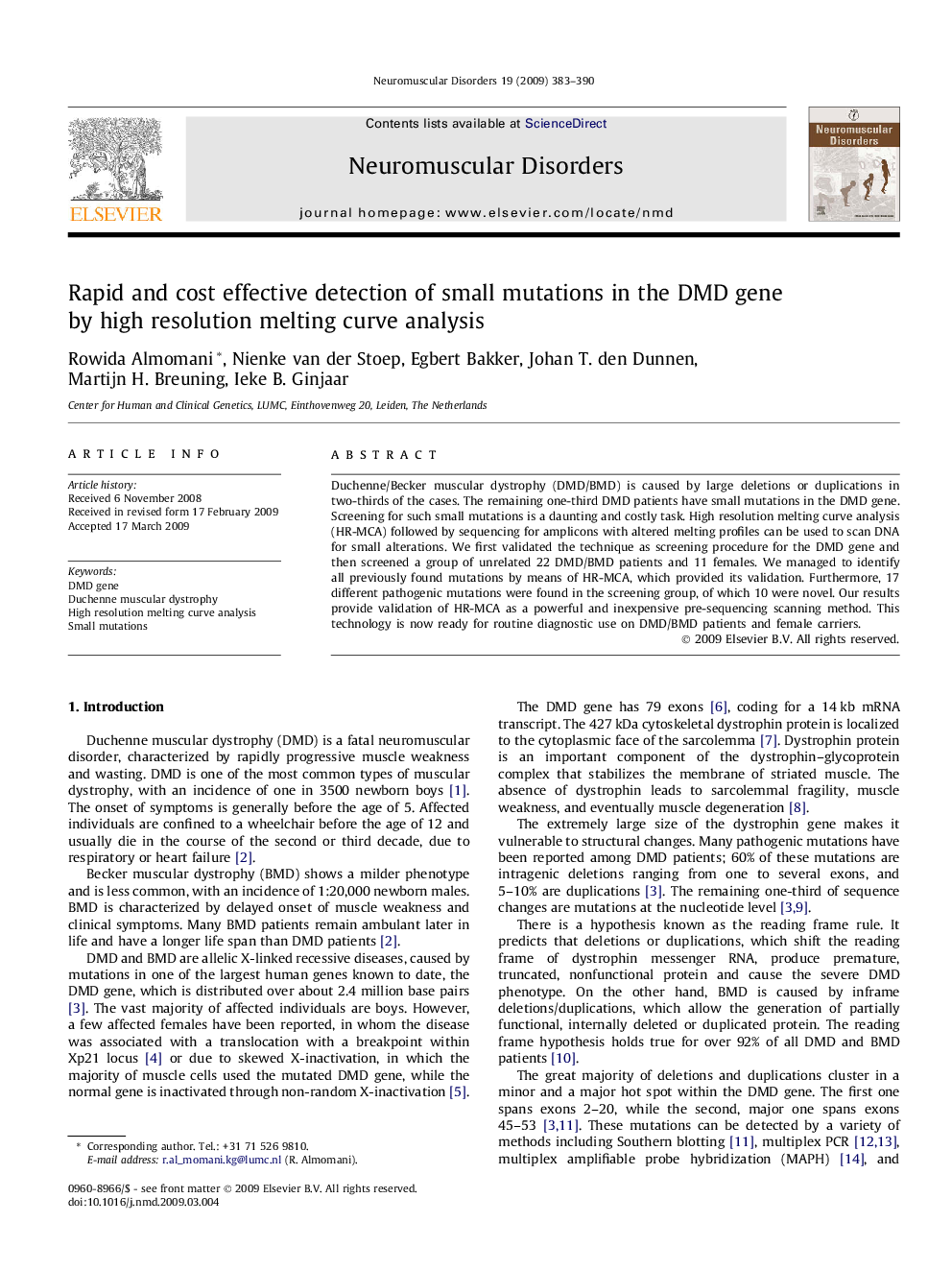 Rapid and cost effective detection of small mutations in the DMD gene by high resolution melting curve analysis