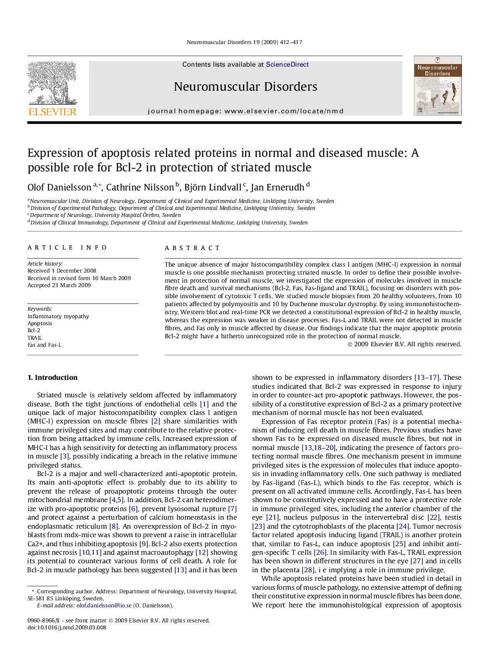 Expression of apoptosis related proteins in normal and diseased muscle: A possible role for Bcl-2 in protection of striated muscle