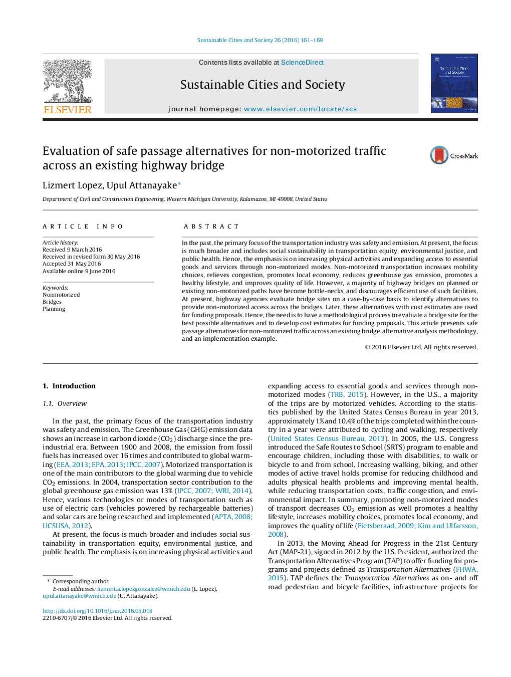 Evaluation of safe passage alternatives for non-motorized traffic across an existing highway bridge