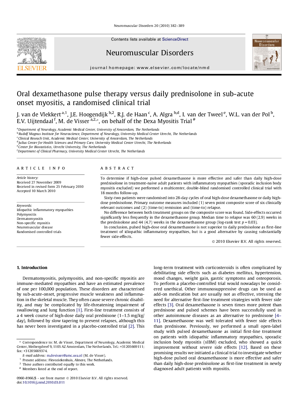 Oral dexamethasone pulse therapy versus daily prednisolone in sub-acute onset myositis, a randomised clinical trial