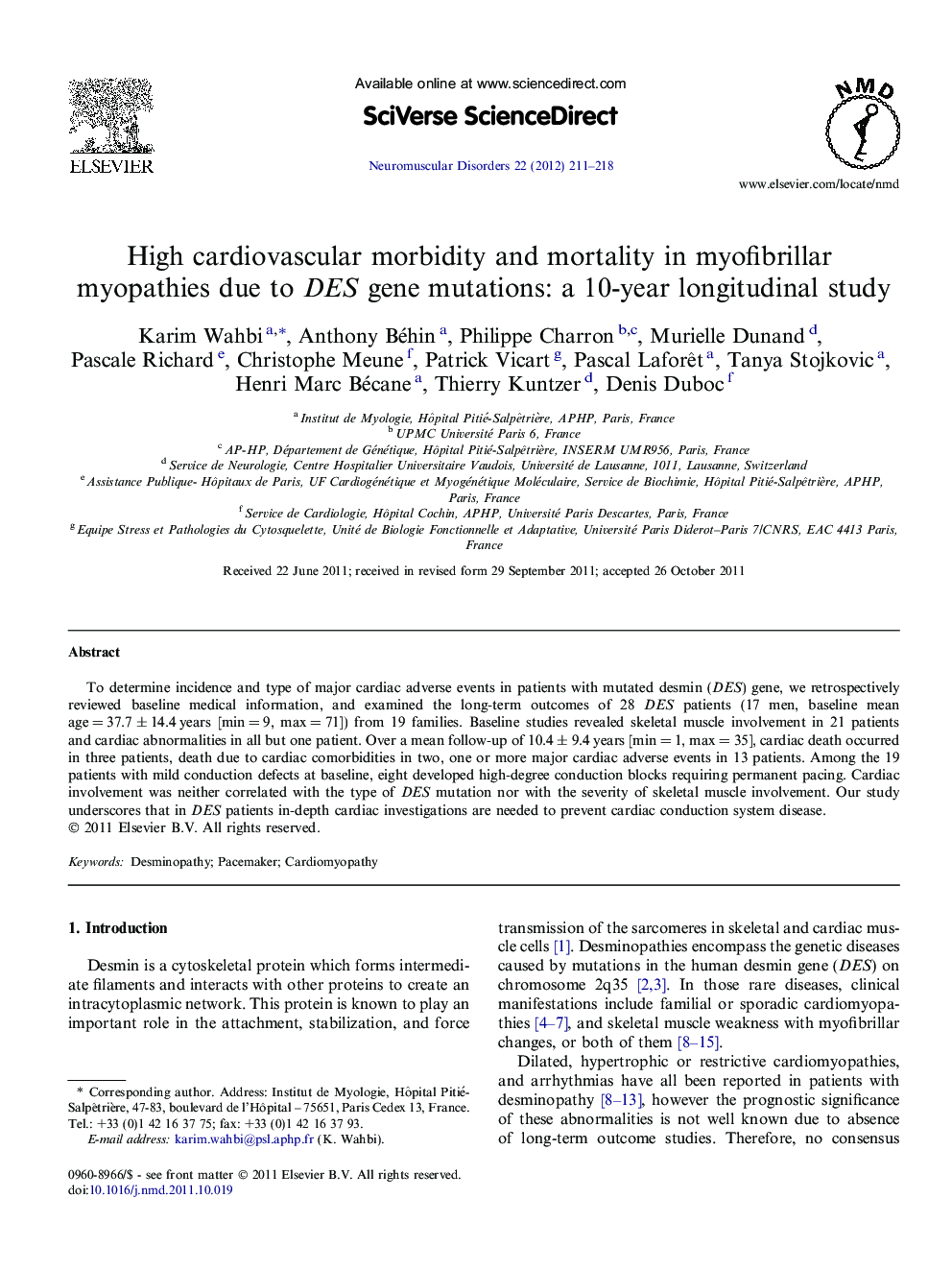 High cardiovascular morbidity and mortality in myofibrillar myopathies due to DES gene mutations: a 10-year longitudinal study