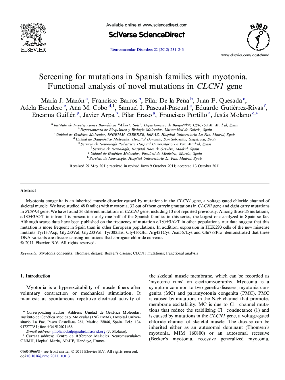 Screening for mutations in Spanish families with myotonia. Functional analysis of novel mutations in CLCN1 gene