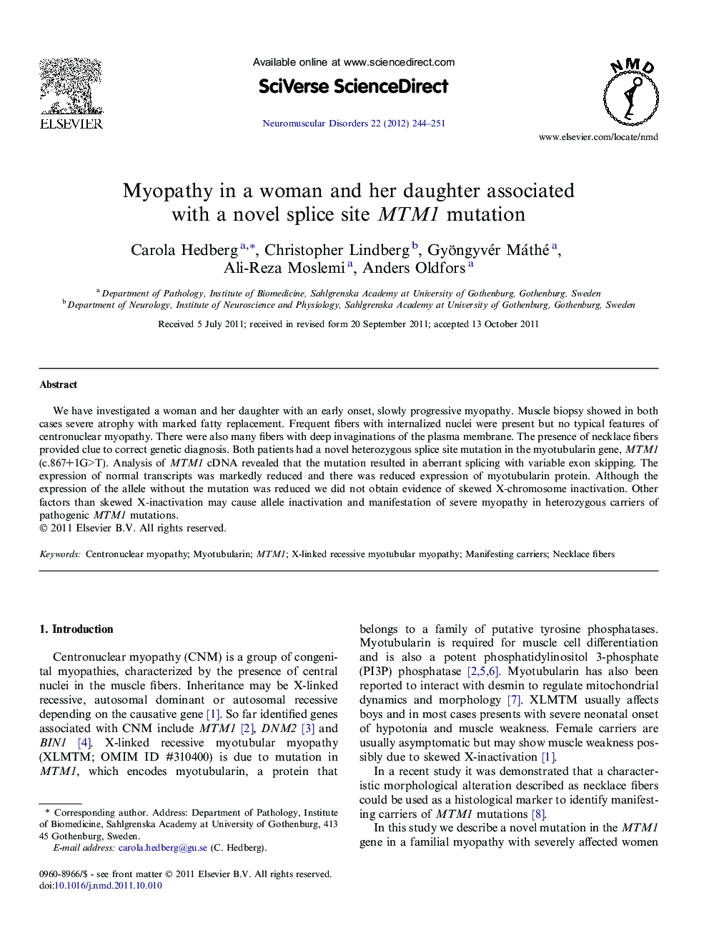 Myopathy in a woman and her daughter associated with a novel splice site MTM1 mutation