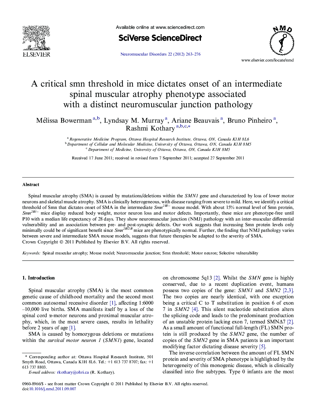 A critical smn threshold in mice dictates onset of an intermediate spinal muscular atrophy phenotype associated with a distinct neuromuscular junction pathology