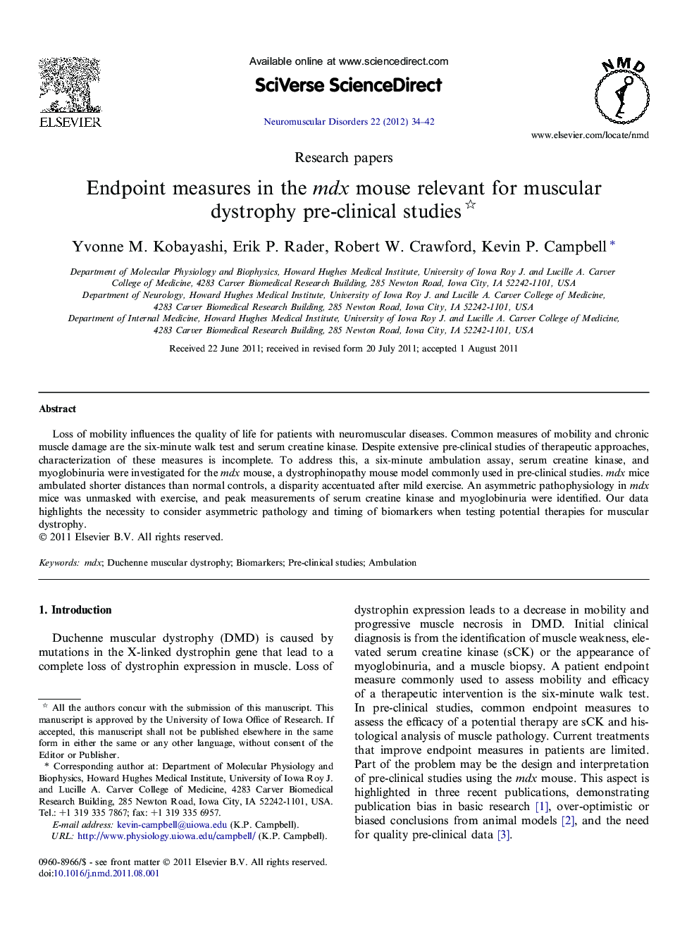 Endpoint measures in the mdx mouse relevant for muscular dystrophy pre-clinical studies 