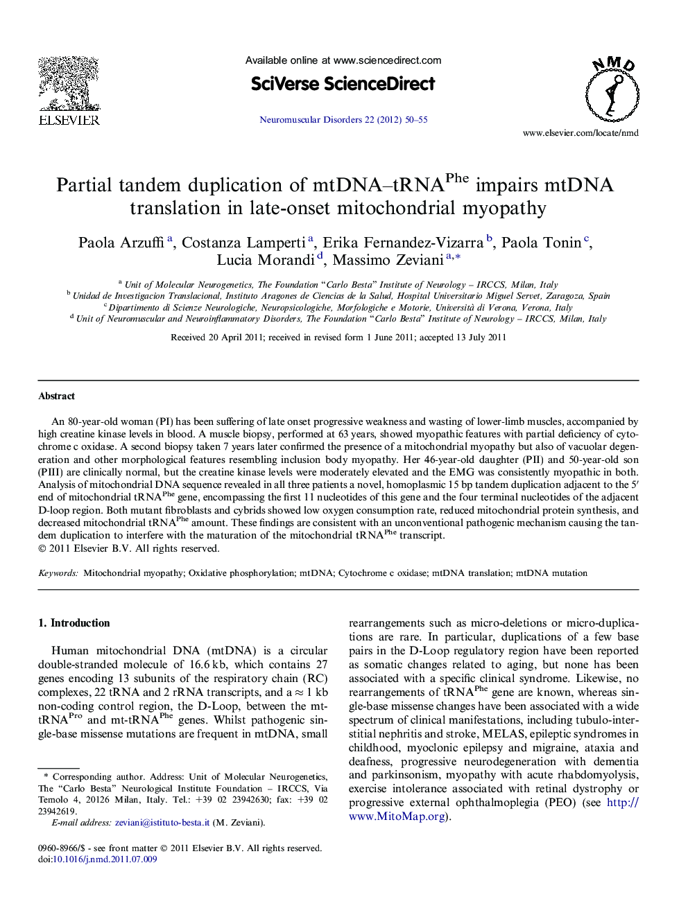 Partial tandem duplication of mtDNA–tRNAPhe impairs mtDNA translation in late-onset mitochondrial myopathy
