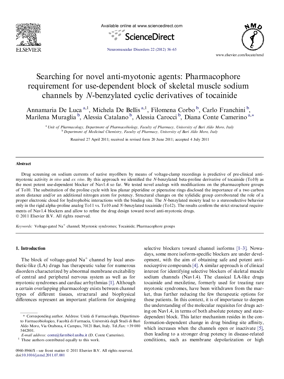 Searching for novel anti-myotonic agents: Pharmacophore requirement for use-dependent block of skeletal muscle sodium channels by N-benzylated cyclic derivatives of tocainide