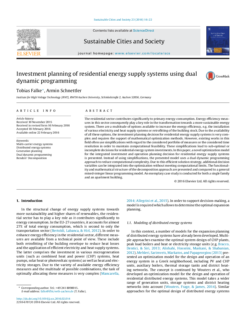 Investment planning of residential energy supply systems using dual dynamic programming