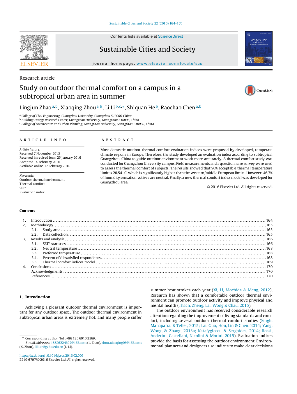 Study on outdoor thermal comfort on a campus in a subtropical urban area in summer