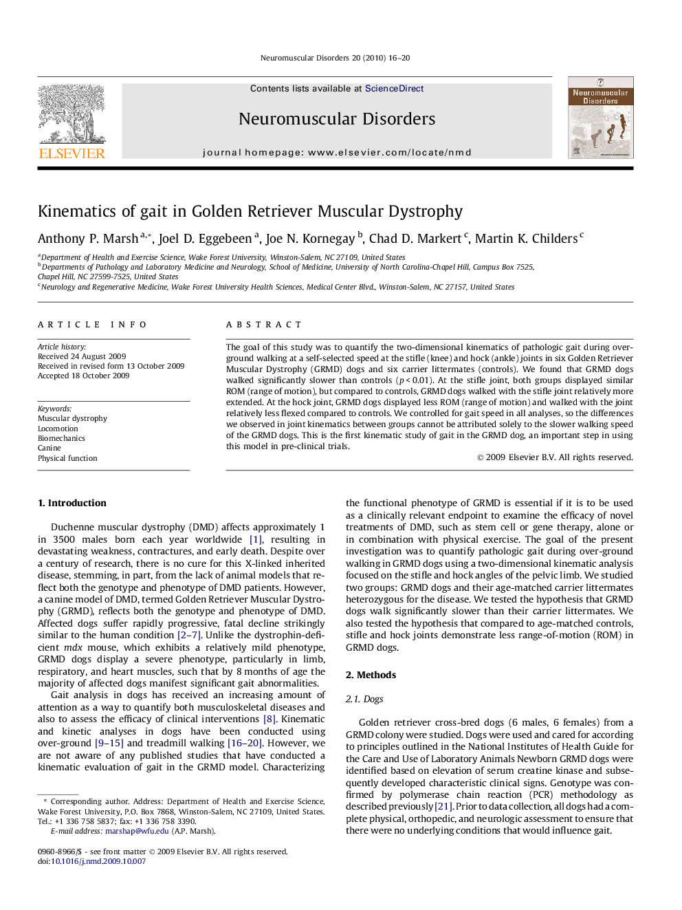 Kinematics of gait in Golden Retriever Muscular Dystrophy