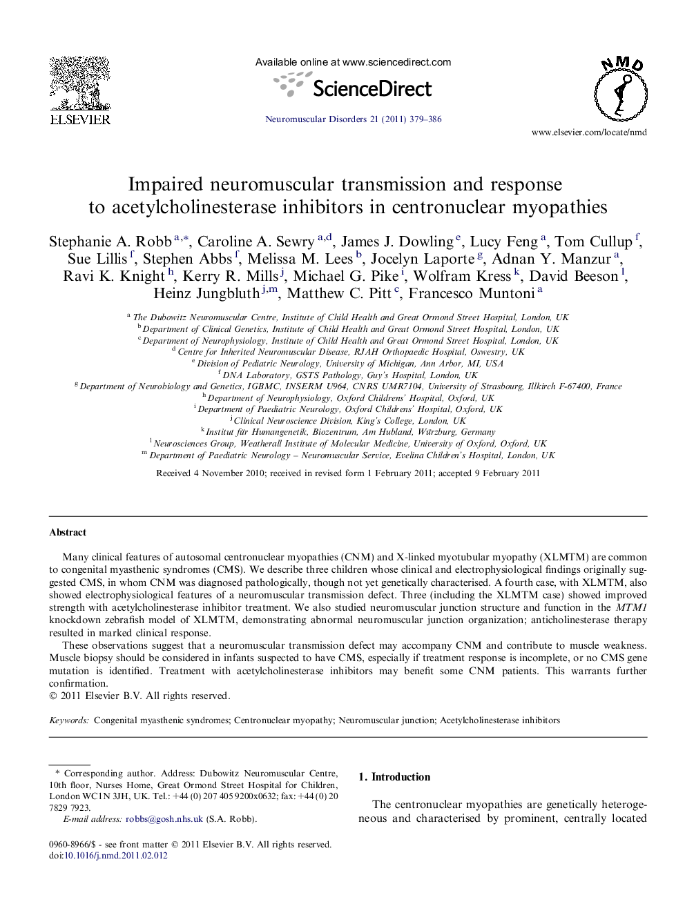 Impaired neuromuscular transmission and response to acetylcholinesterase inhibitors in centronuclear myopathies