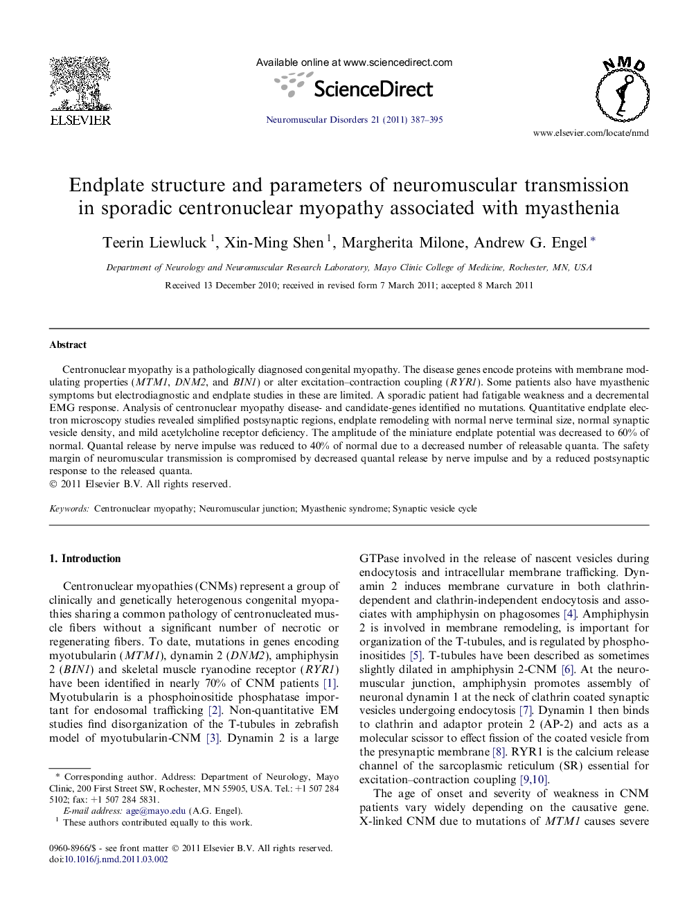 Endplate structure and parameters of neuromuscular transmission in sporadic centronuclear myopathy associated with myasthenia