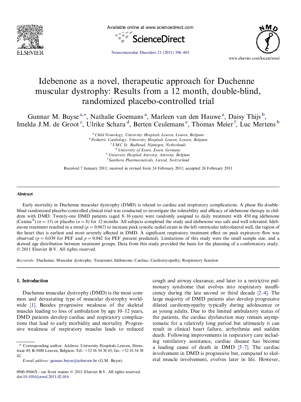 Idebenone as a novel, therapeutic approach for Duchenne muscular dystrophy: Results from a 12 month, double-blind, randomized placebo-controlled trial