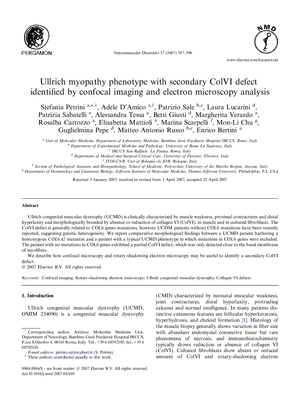 Ullrich myopathy phenotype with secondary ColVI defect identified by confocal imaging and electron microscopy analysis