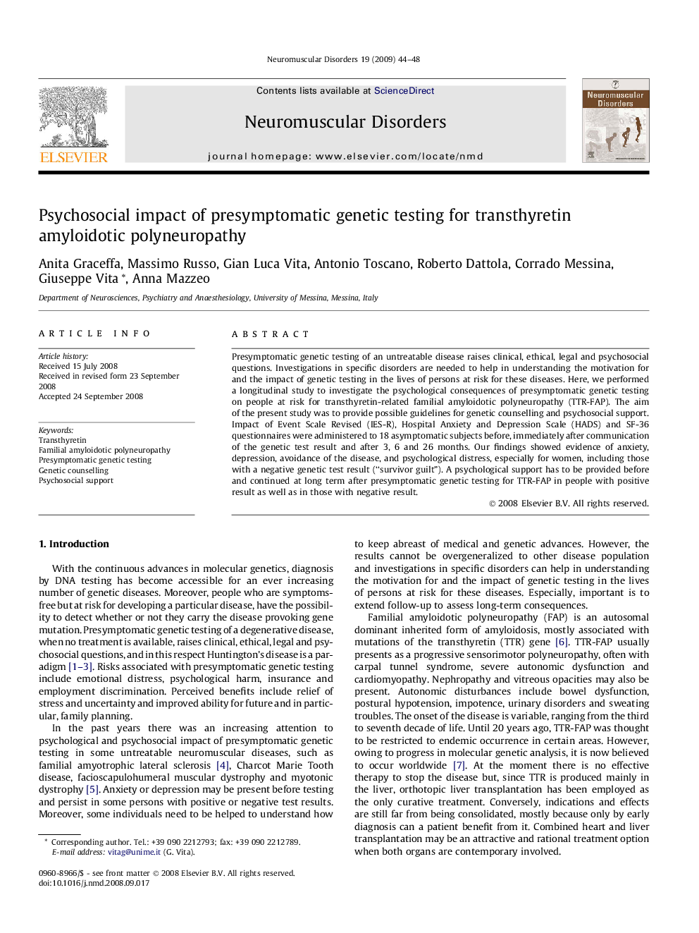 Psychosocial impact of presymptomatic genetic testing for transthyretin amyloidotic polyneuropathy