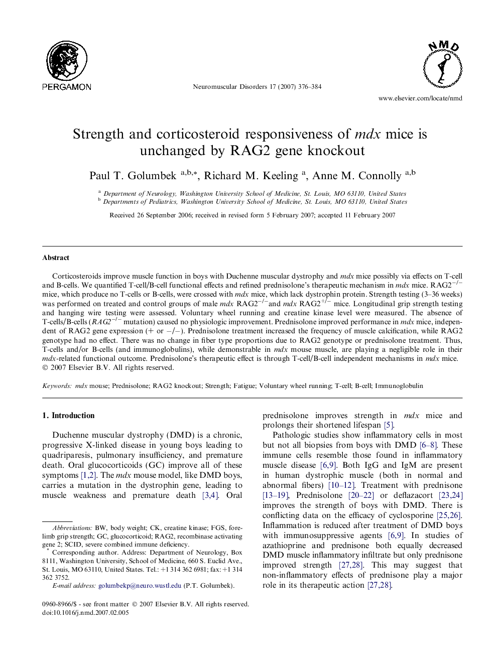 Strength and corticosteroid responsiveness of mdx mice is unchanged by RAG2 gene knockout