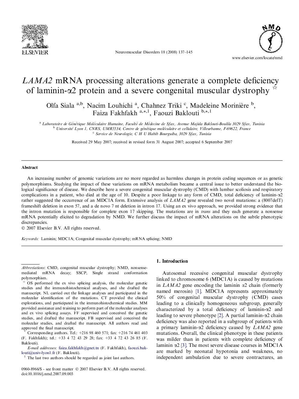 LAMA2 mRNA processing alterations generate a complete deficiency of laminin-α2 protein and a severe congenital muscular dystrophy 