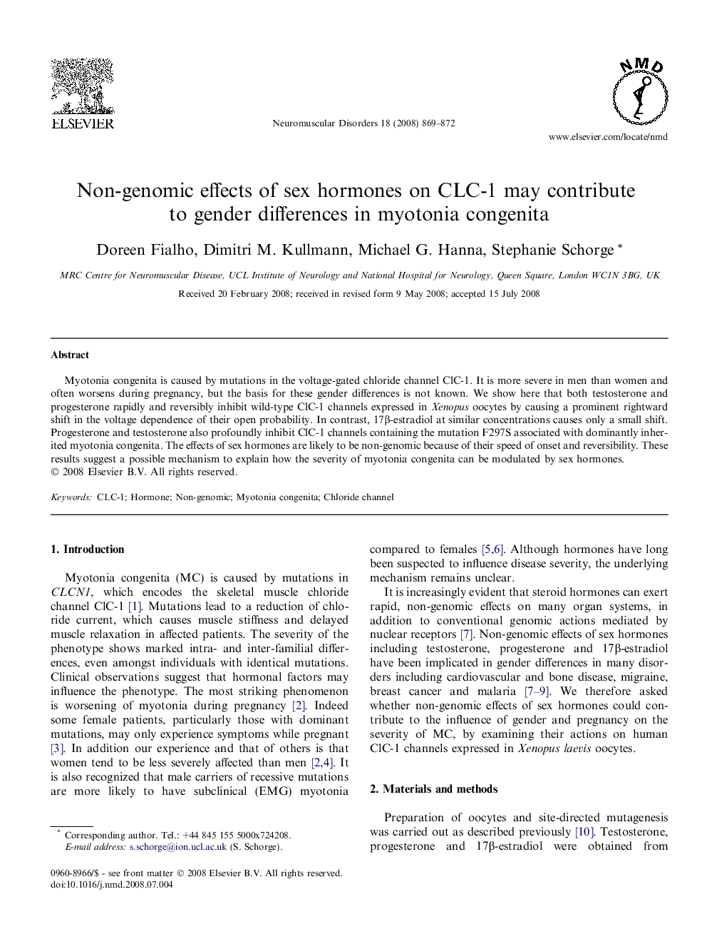 Non-genomic effects of sex hormones on CLC-1 may contribute to gender differences in myotonia congenita