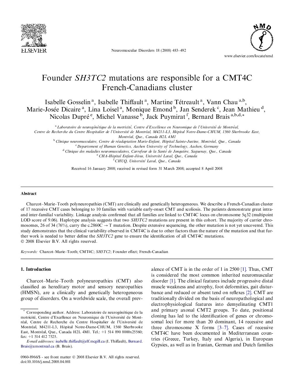 Founder SH3TC2 mutations are responsible for a CMT4C French-Canadians cluster