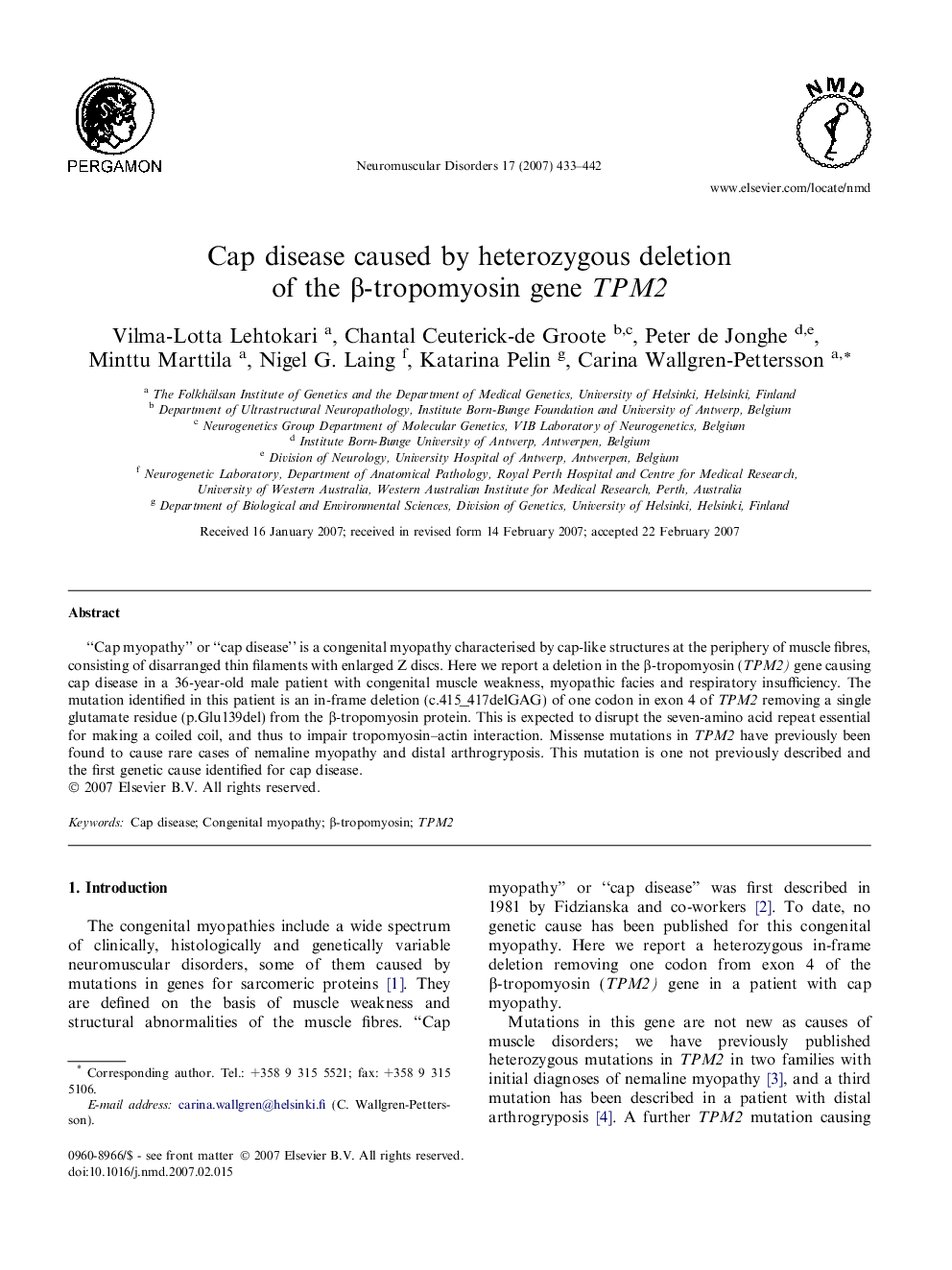 Cap disease caused by heterozygous deletion of the β-tropomyosin gene TPM2