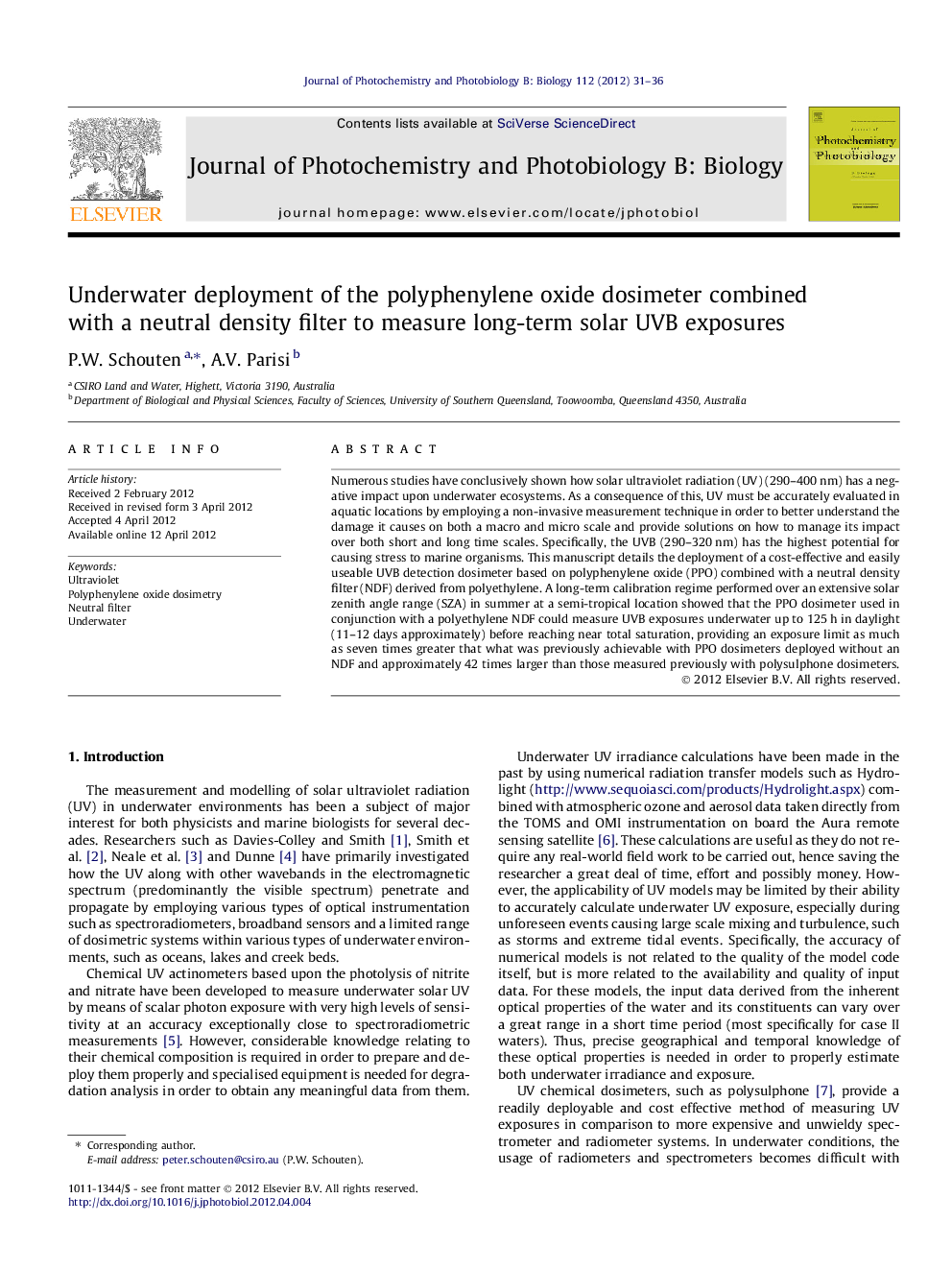 Underwater deployment of the polyphenylene oxide dosimeter combined with a neutral density filter to measure long-term solar UVB exposures