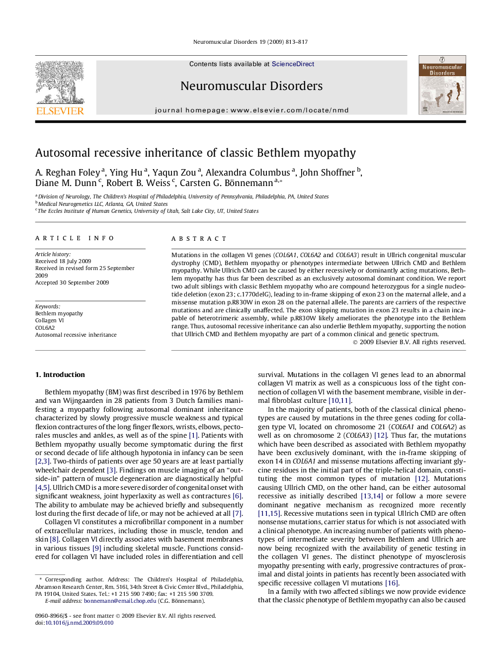 Autosomal recessive inheritance of classic Bethlem myopathy