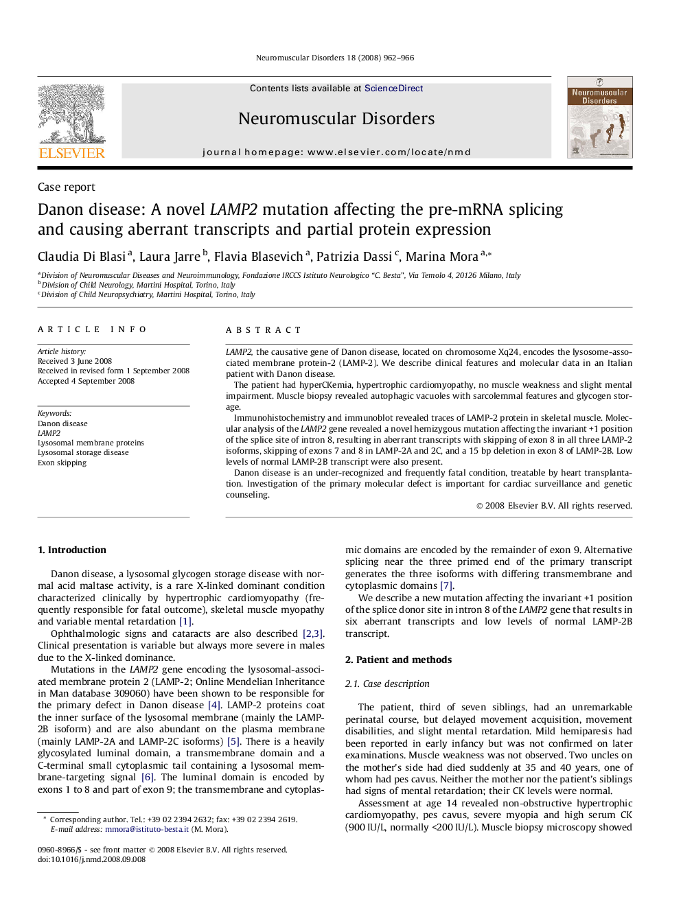 Danon disease: A novel LAMP2 mutation affecting the pre-mRNA splicing and causing aberrant transcripts and partial protein expression