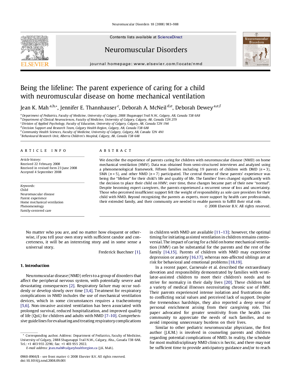 Being the lifeline: The parent experience of caring for a child with neuromuscular disease on home mechanical ventilation