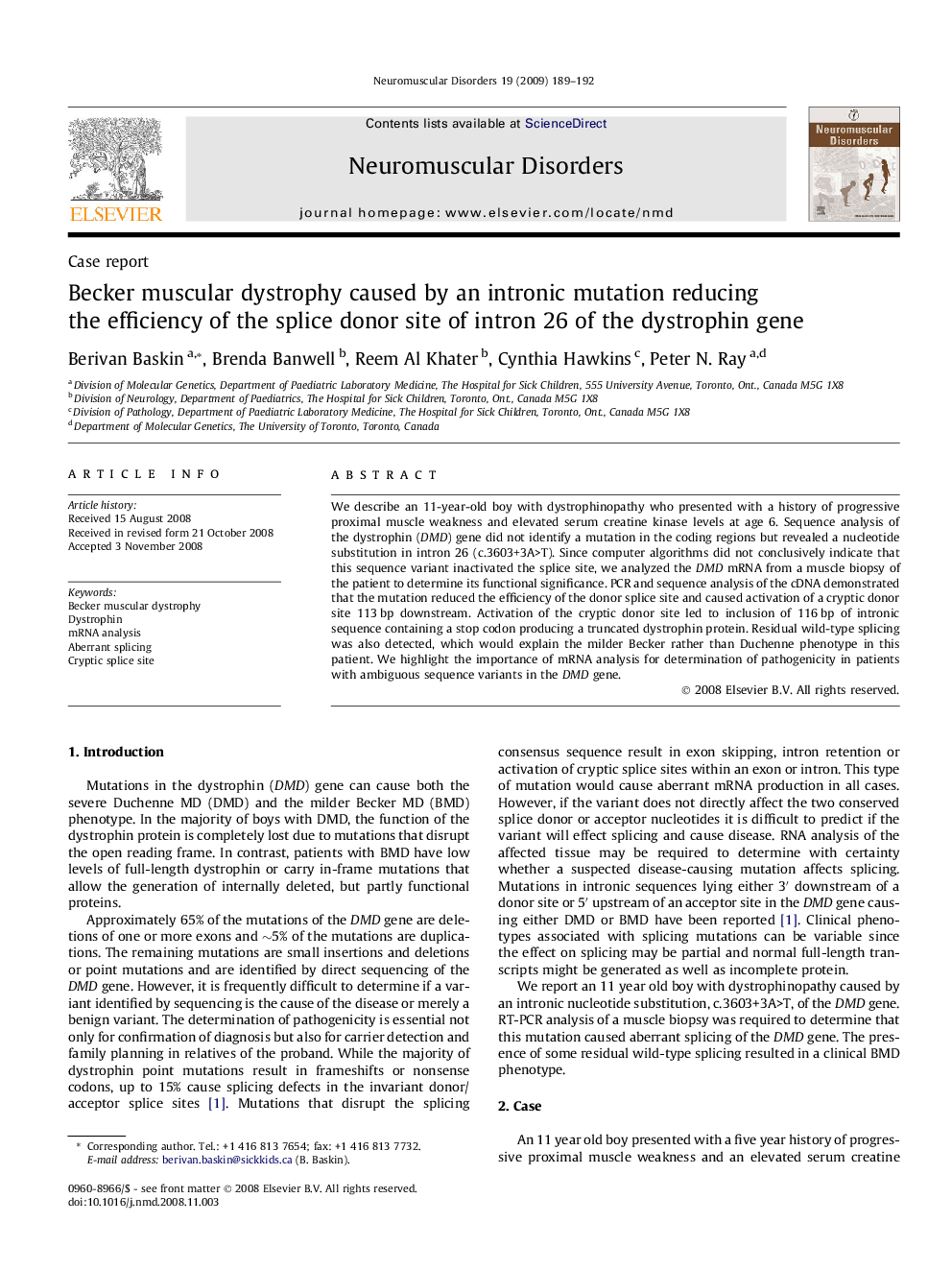 Becker muscular dystrophy caused by an intronic mutation reducing the efficiency of the splice donor site of intron 26 of the dystrophin gene