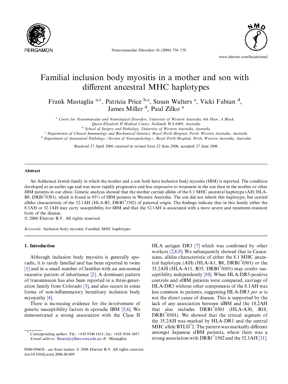 Familial inclusion body myositis in a mother and son with different ancestral MHC haplotypes