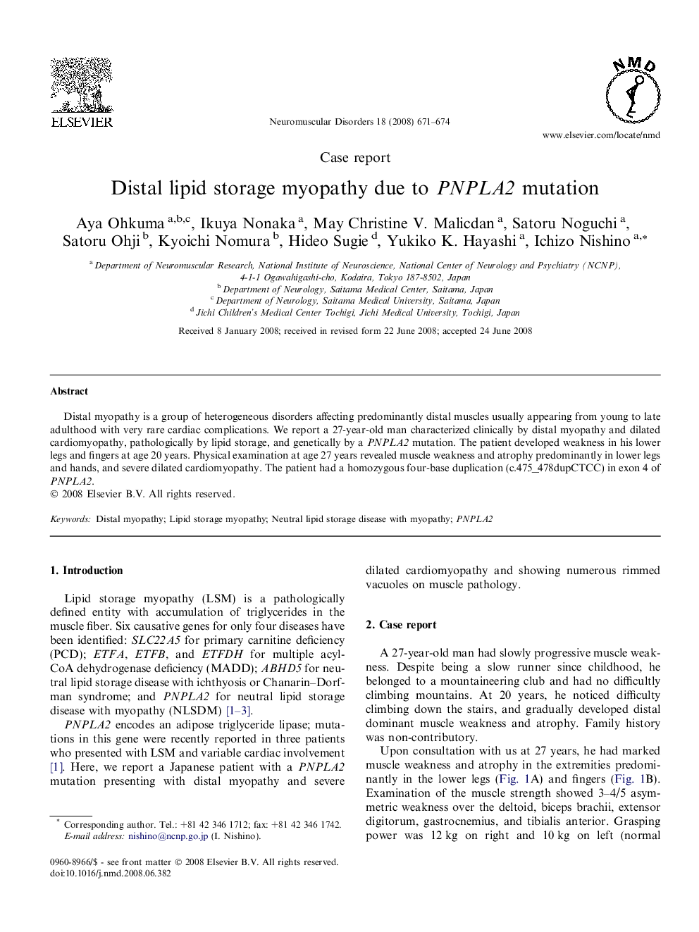 Distal lipid storage myopathy due to PNPLA2 mutation