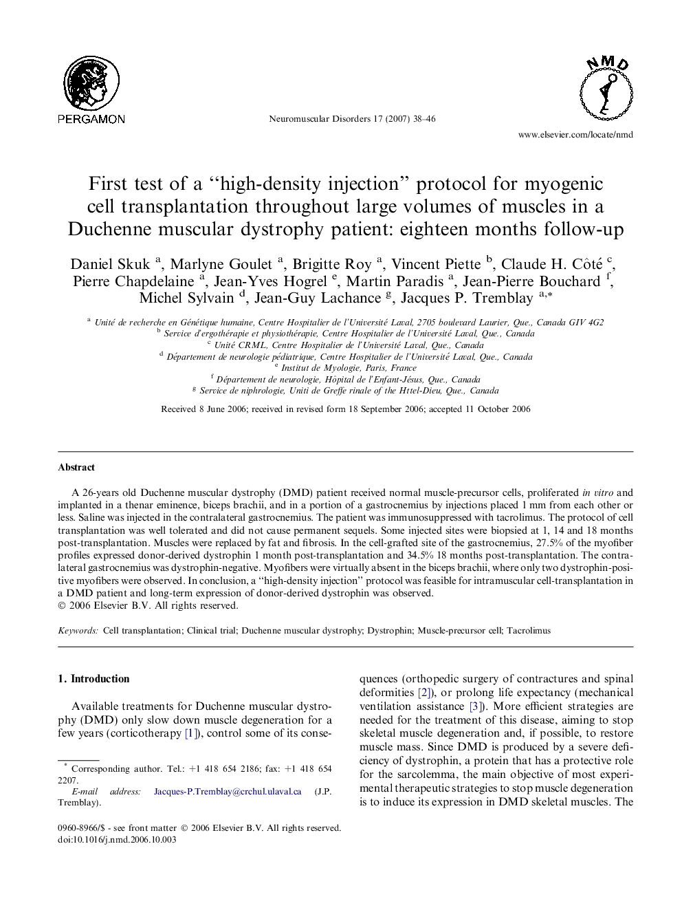 First test of a “high-density injection” protocol for myogenic cell transplantation throughout large volumes of muscles in a Duchenne muscular dystrophy patient: eighteen months follow-up