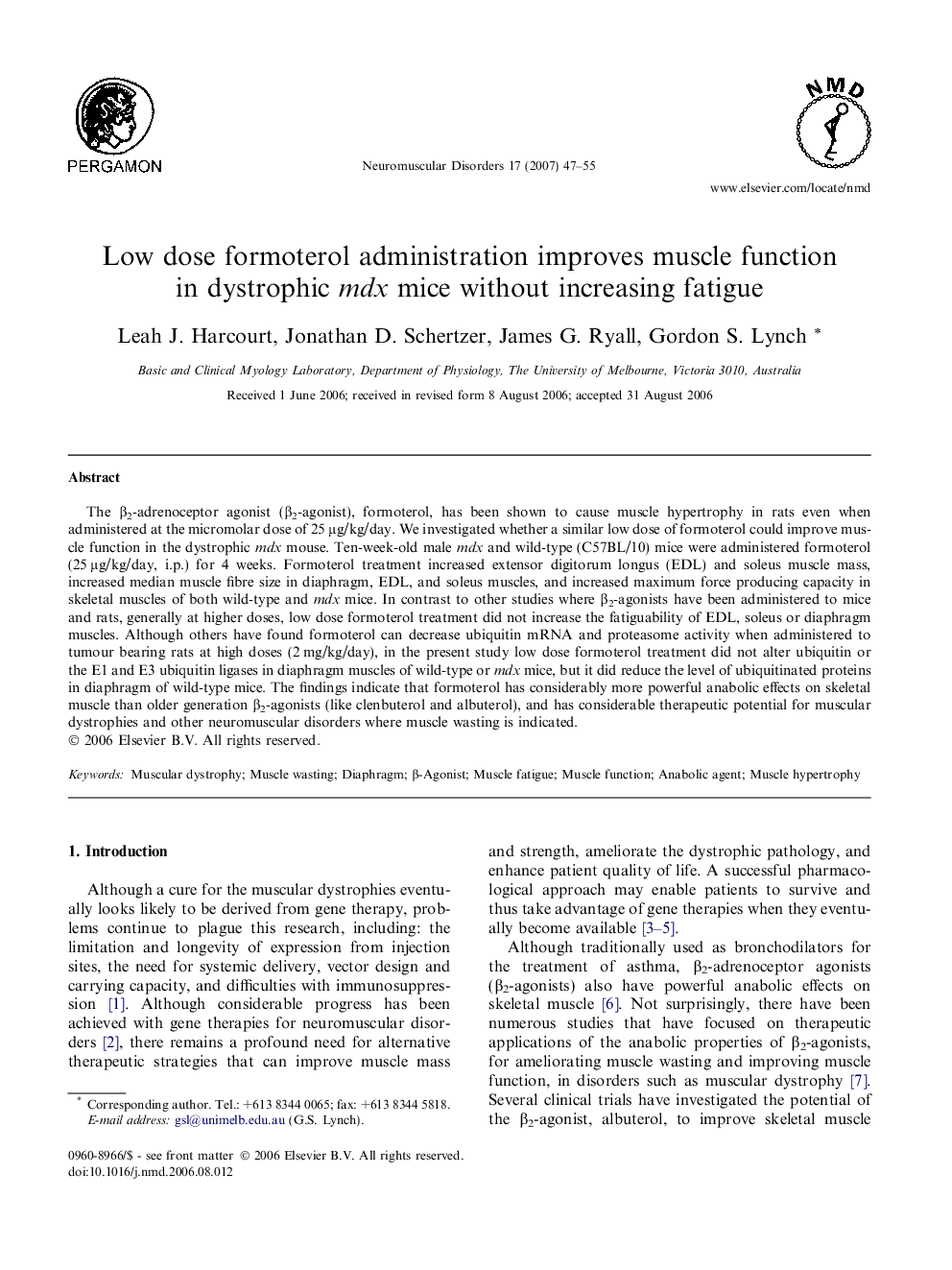 Low dose formoterol administration improves muscle function in dystrophic mdx mice without increasing fatigue