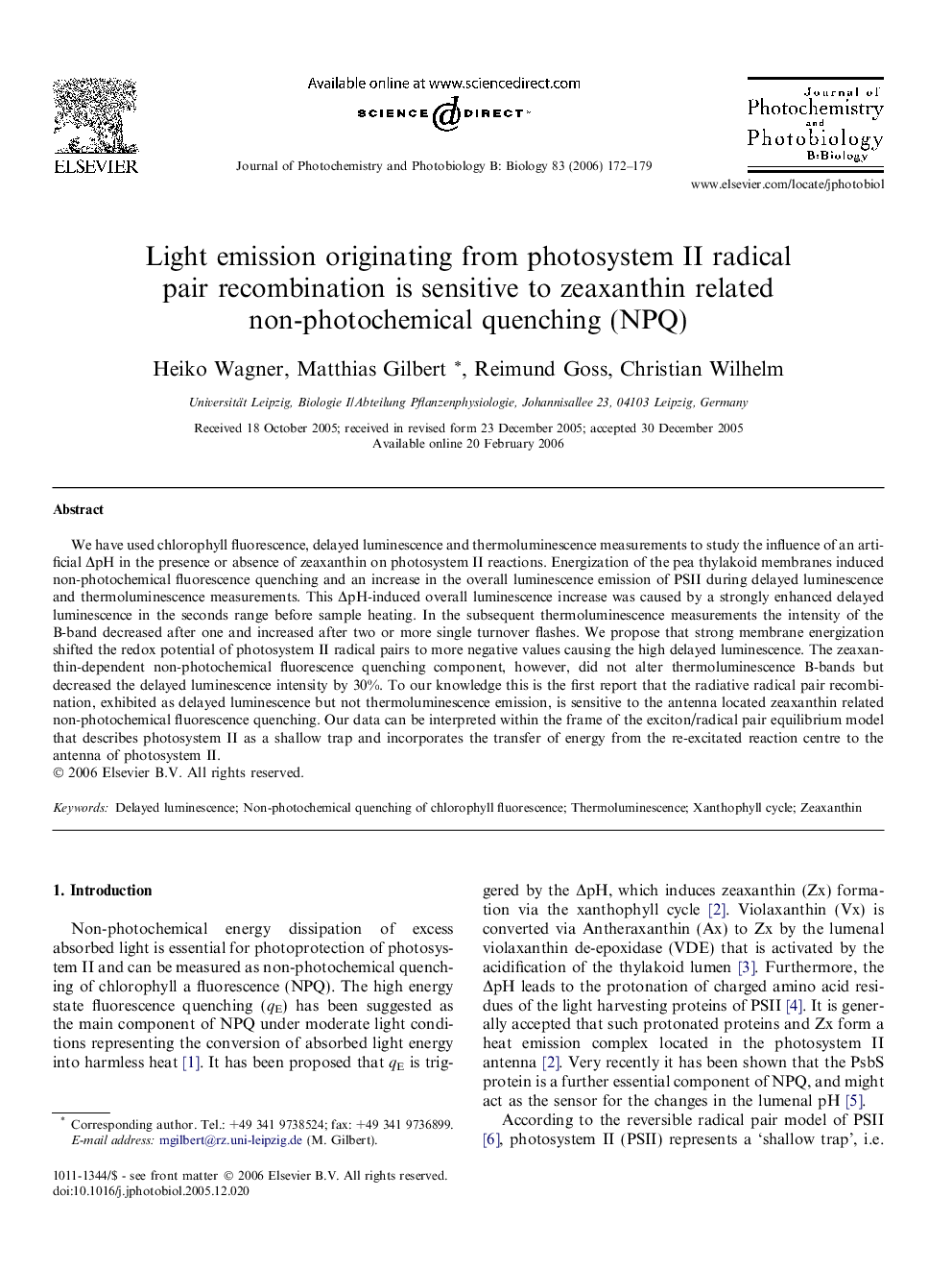 Light emission originating from photosystem II radical pair recombination is sensitive to zeaxanthin related non-photochemical quenching (NPQ)