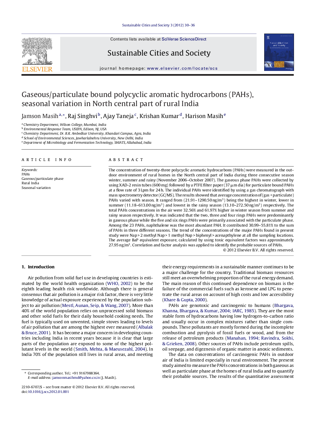 Gaseous/particulate bound polycyclic aromatic hydrocarbons (PAHs), seasonal variation in North central part of rural India