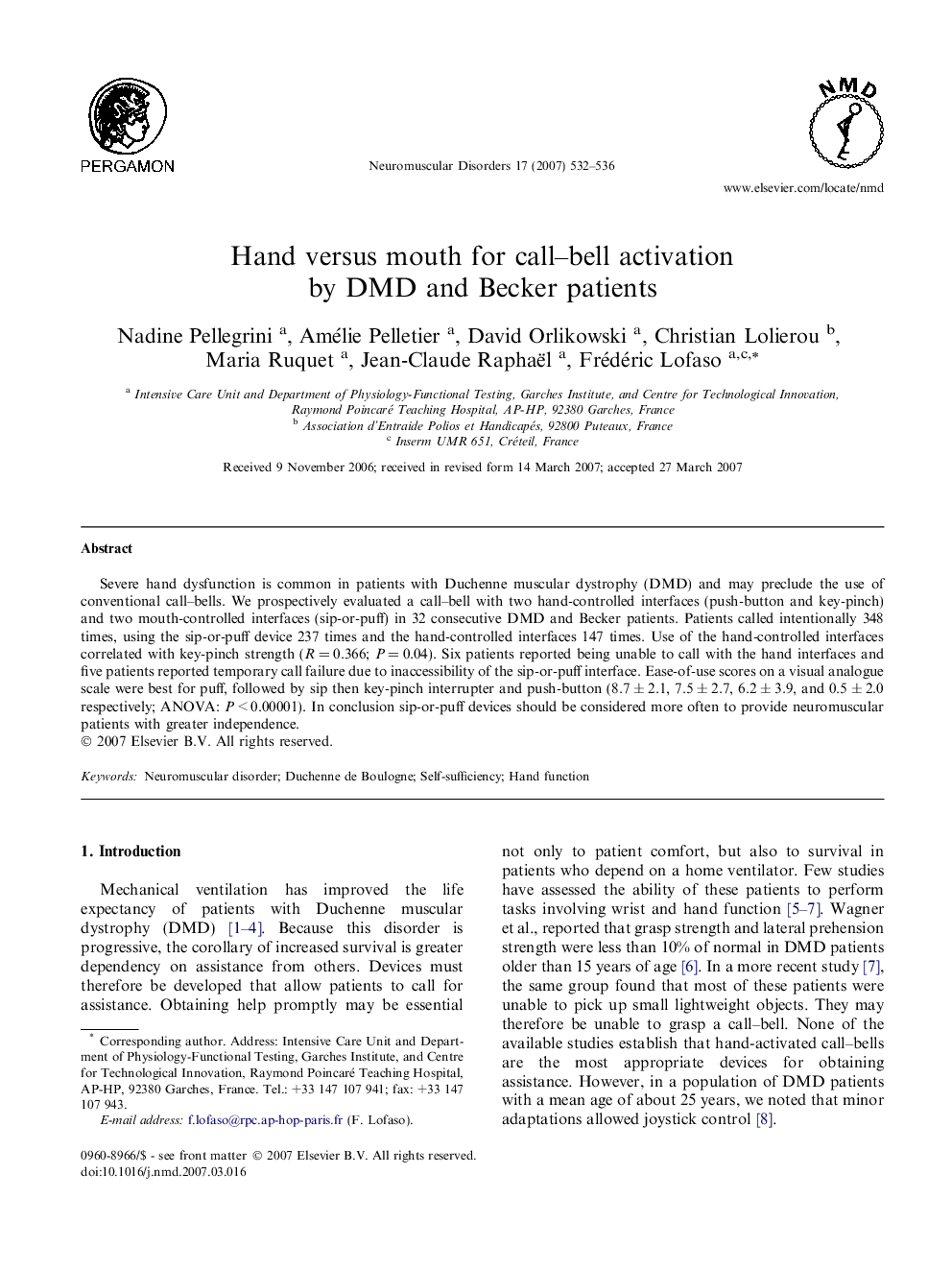 Hand versus mouth for call–bell activation by DMD and Becker patients