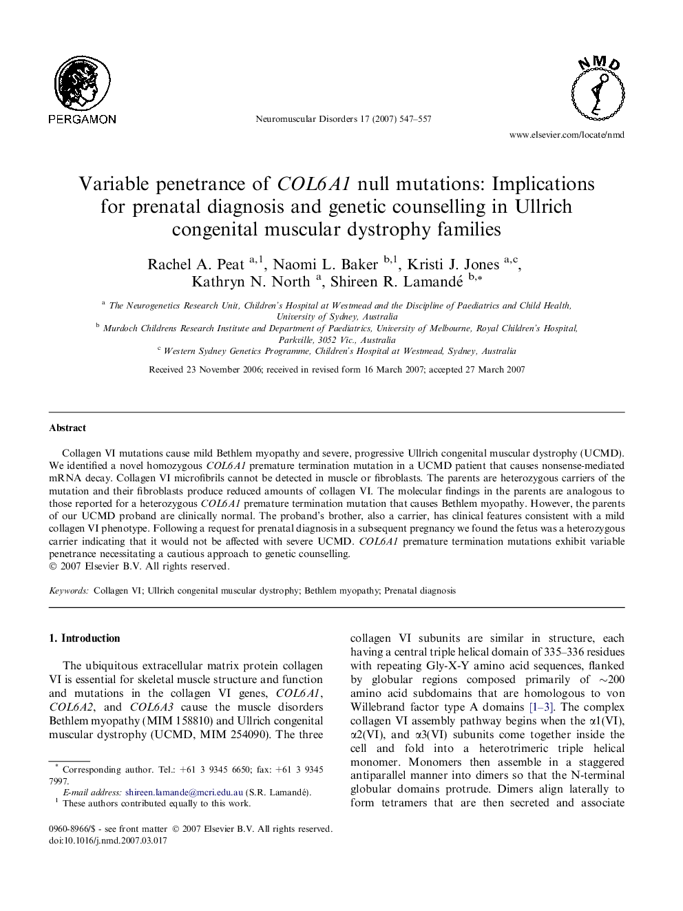 Variable penetrance of COL6A1 null mutations: Implications for prenatal diagnosis and genetic counselling in Ullrich congenital muscular dystrophy families